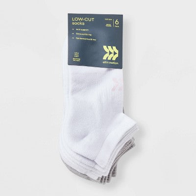 Women's Foundation Cushioned 6pk Low Cut Socks - All In Motion White/Light Gray 4-10: Arch Support, Zone Cushioning