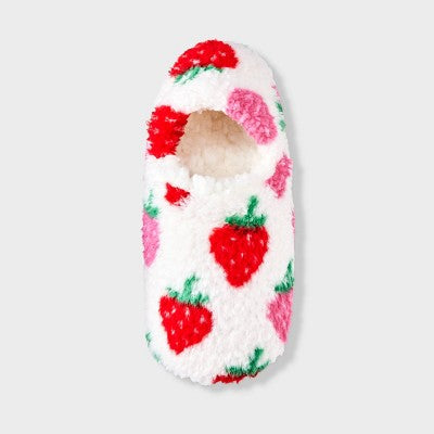 Women's Strawberry Print Cozy Fleece High Cut Pull-On Slipper Socks with Grippers - Ivory/Red S/M