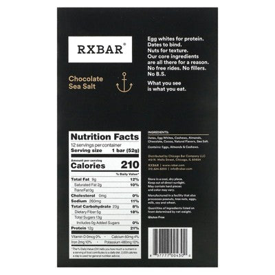 RXBAR Protein Bar, Chocolate Sea Salt, 12 Bars, 1.83 oz (52 g) Each