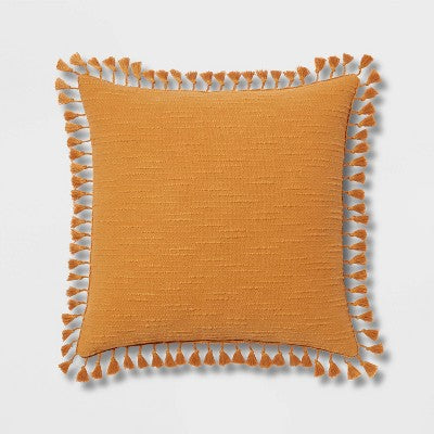 Euro Textured Slub Tassel Decorative Throw Pillow Dark Gold - Threshold: Cotton Dobby, Indoor Square Accent Pillow (LOCAL PICKUP ONLY)