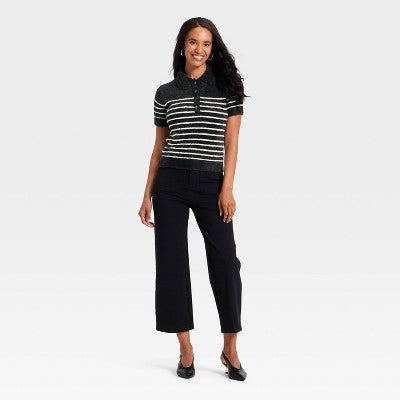Women's Short Sleeve Polo Collar Fuzzy Polo T-Shirt - A New Day Black Striped M