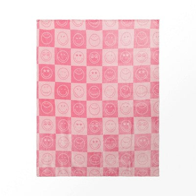 Yoobi SmileyWorld 50"x60" Faux Shearling Smiley Checkered Blanket Printed Pink