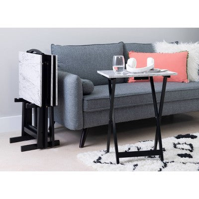 Linon 4pc 26.4" Talia TV Tray Table Set Faux Marble with Storage Rack White (LOCAL PICKUP ONLY)