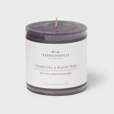 3" x 3" Pillar Candle Charcoal and Black Teak - Threshold: Paraffin Wax, 35hr Burn Time