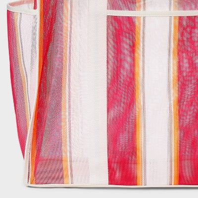 Mesh Packable Tote Handbag - Shade & Shore Pink Stripe: Unstructured Multi-Stripe Beach Bag