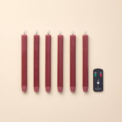 6pk Ribbed Flameless LED Taper Candles Red - Hearth & Hand with Magnolia