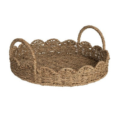 Household Essentials Round Handwoven Seagrass Tray with Scalloped Edge and Handles Natural: Decorative Brown Metal Platter