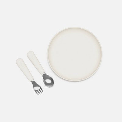Lalo 3pc Silicone Toddler Plate + Utensils Mealtime Set - Oatmeal