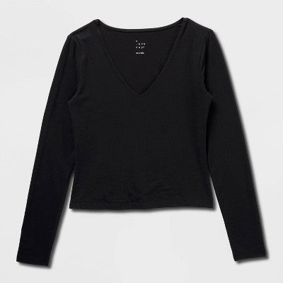 Women's Sculpt Long Sleeve V-Neck Top - A New Day Black M