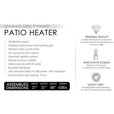 Fire Sense Pyramid Flame Patio Heater 40,000 BTU Outdoor Propane Heater Tower with Wheels - Stainless Steel (LOCAL PICKUP ONLY)