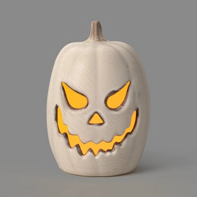 11.5" Classic Lit Pumpkin Jack O' Lantern with Timer and Terracotta Look Halloween Decorative Prop Off-White - Hyde and EEK! Boutique
