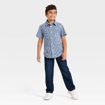 Boys' Gingham Poplin Button-Down Shirt - Cat & Jack Navy Blue M