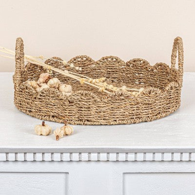 Household Essentials Round Handwoven Seagrass Tray with Scalloped Edge and Handles Natural: Decorative Brown Metal Platter