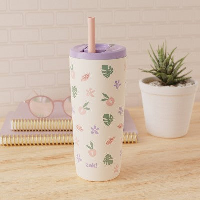 Zak Designs 20 fl oz Stainless Steel Peachy Print Straw Tumbler Purple