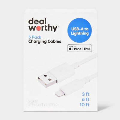 Lightning to USB-A Charging Cables (3'/3'/6'/6'/10') 5pk - dealworthy White