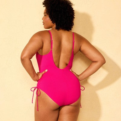 Women's Ribbed Adjustable Drawstring Swimsuit - Pink M