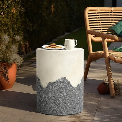 LuxenHome Outdoor Patio Table, 17" Gray and Cream Cement Round Side Table,Modern Garden Decorative Stool,Outdoor Accent End Table (LOCAL PICKUP ONLY)