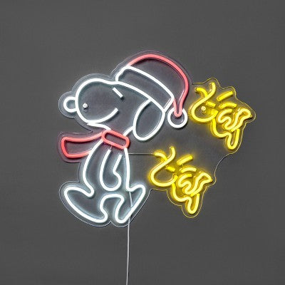 Peanuts 15" Snoopy with Woodstock Flying Hanging Neon Sign