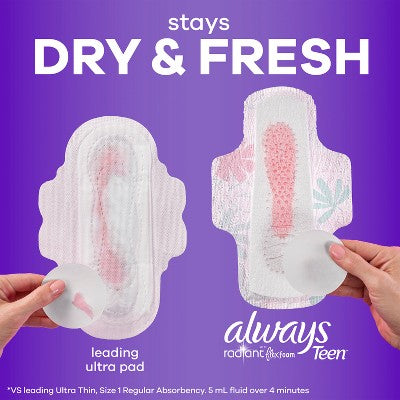 Always Radiant Teen Overnight Menstrual Pads - Size 4 - Unscented - 18ct