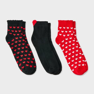 Women's Heart Pop Up 3pk Ankle Socks - Black/Red/White 4-10