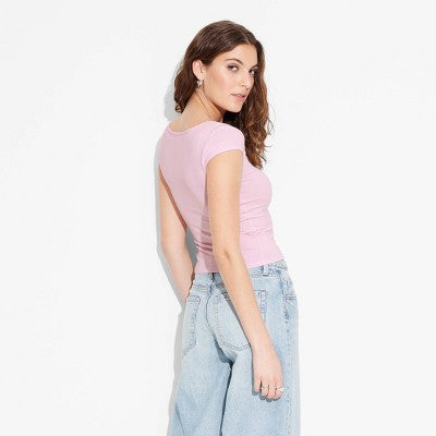 Women's Cap Sleeve Portrait Neck T-Shirt -Wild Fable Light Pink M