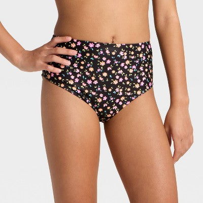 Girls' High Waisted Floral Swimsuit Bottom Black/Orange/Pink S