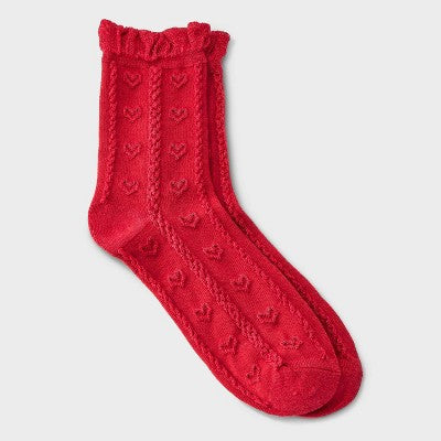 Women's Soft Ruffle Cuff Textured Hearts Valentine's Day Mid Crew Socks - Auden Red 4-10