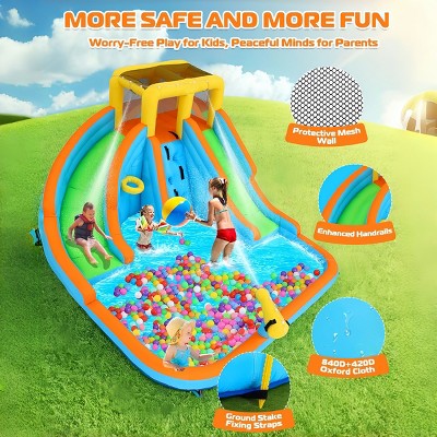 AS IS (slightly used) 141.3" x 126.4" x 81.9" 11-in-1 Inflatable Water Slide Park for Kid 3-12 w/2 Water Slides|550W Blower|5 Toys|Splash Pool|Climb Wall In/Outdoor (LOCAL PICKUP ONLY)