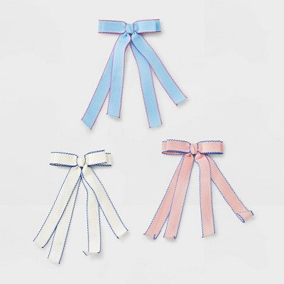 Girls' 3pk Scallop Ribbon Bow Set - Cat & Jack Pink/White/Blue: Hair Styling Clips, Recycled Polyester, Solid Pattern