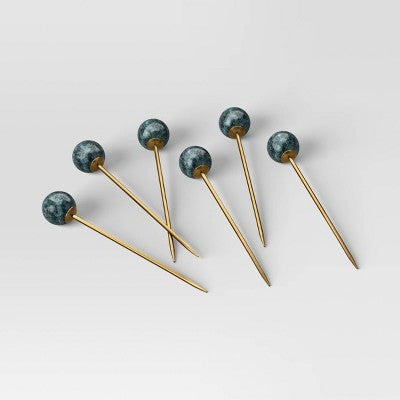 7pc Stainless Steel Cocktail Picks with Holder Gold - Threshold: Modern Barware Set, Spot Clean, Stoneware Holder