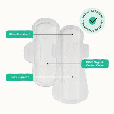 Honey Pot 100% Organic Cotton Cover Cooling Regular Overnight Duo Pads - 16 ct