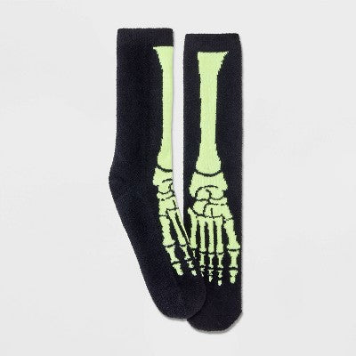 Men's Glow-in-the-Dark Skeleton Halloween Cozy Crew Socks - Hyde and EEK! Boutique Black 8-12