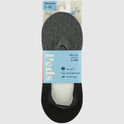 Peds Women's 2pk Smooth Edge Mid Cut Liner Socks - Black/Gray 5-10