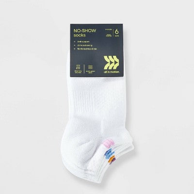 Women's 6pk Structure No Show Socks - All In Motion White 4-10: Midweight Knit, Arch Support, Reinforced Heel & Toe