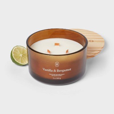 3-Wick Amber Glass Wooden Wick Vanilla and Bergamot Jar Candle 13oz - Threshold