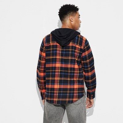 Men's Checked Hooded Button-Down Shirt - Original Use Red M