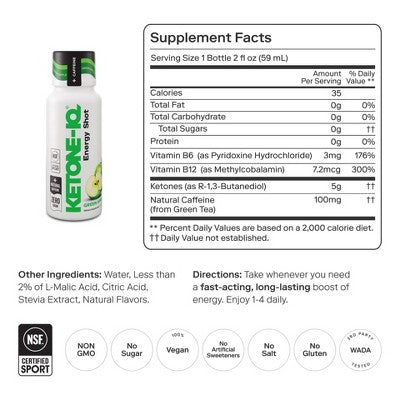 Ketone-IQ Green Apple Caffeine Energy Drinks - 6 Pack Box 2 fl oz EXP 11/20/26