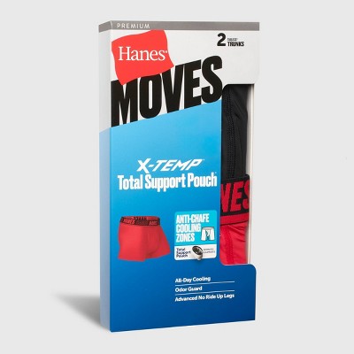 Hanes Moves Premium Men's Anti-Chafe X-Temp Trunks 2pk - Red/Black XL: Moisture Wicking, 4-Way Stretch, Lightweight Jersey Fabric