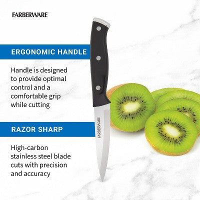 Farberware 3.5" Paring Knife Black: Stainless Steel Kitchen Knife, Riveted Handle, Hand Wash, Lifetime Warranty