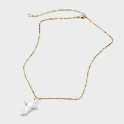 14K Gold Dipped Pearl Cross Necklace - Gold/Ivory