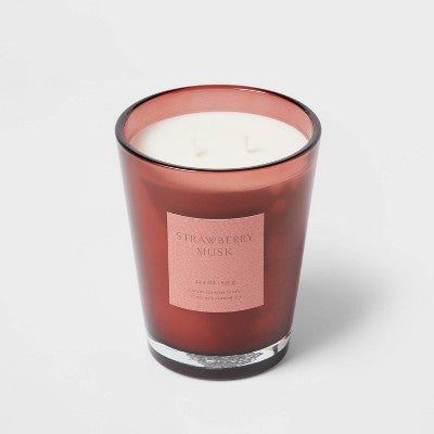 Colored Vase with Dustcover 2-Wick Strawberry Musk & Cedar Scented Glass Jar Candle Red 22.4oz - Threshold: Mimosa Essence, 64hr Burn