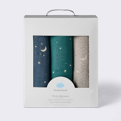 Muslin Swaddle Baby Blanket - Cool Metallic - 3pk - Cloud Island