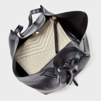 Belted Pinched Handle Tote Handbag - A New Day Black
