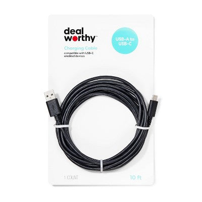 10' USB-A to USB-C Cable - dealworthy Black