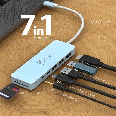 j5create USB-C Multi-Port Hub with Power Delivery: Multiport Adapter, HDMI, 3.5mm Jack