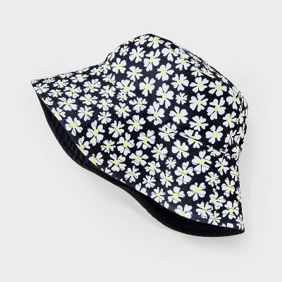 Girls' Reversible Daisy Printed Bucket Hat - art class Black: UPF 50+, Lightweight, Floral Pattern