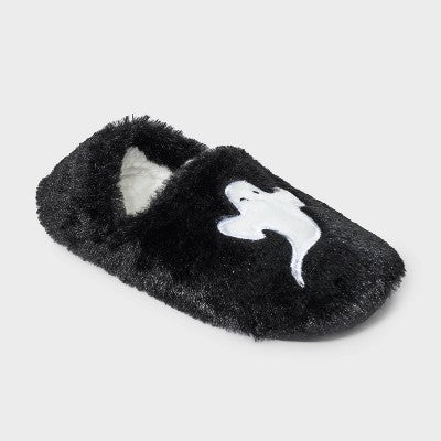 Women's Ghost Embroidered Halloween Faux Fur Pull-On Slipper Socks with Grippers - Hyde & EEK! Boutique Black/White S/M