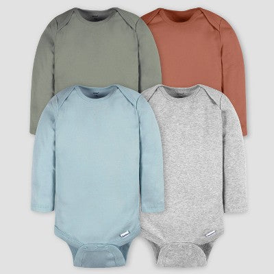 Gerber Baby 4pk Long Sleeve Onesies - Blue/Gray 3-6M: Cotton Knit Pullover Bodysuits
