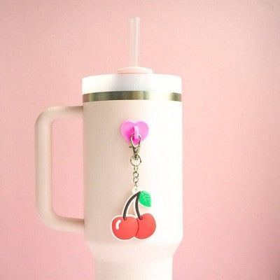 CharCharms Cherry Water Bottle Charm with Stick-On Hook Bundle: Drinkware Accessory, Dishwasher-Safe, Keychain Hook