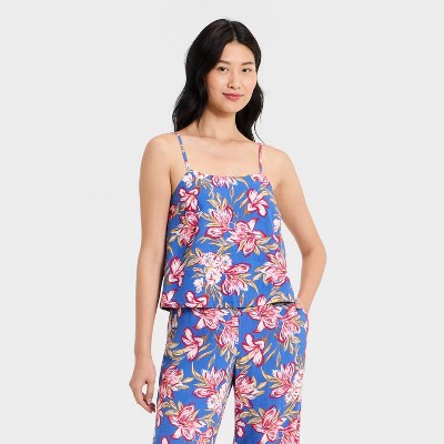 Women's Resort Linen Cami Tank Top - A New Day Blue Floral L